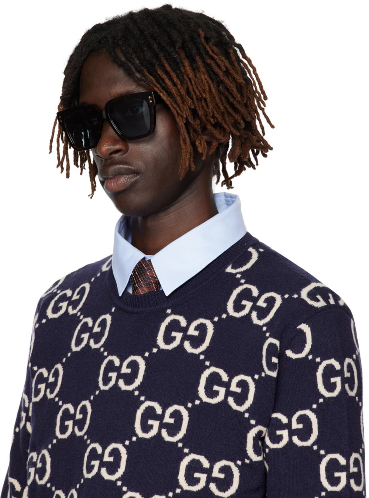 GUCCI Mens Blue Ivory Monogram-intarsia Regular-fit Wool Jumper