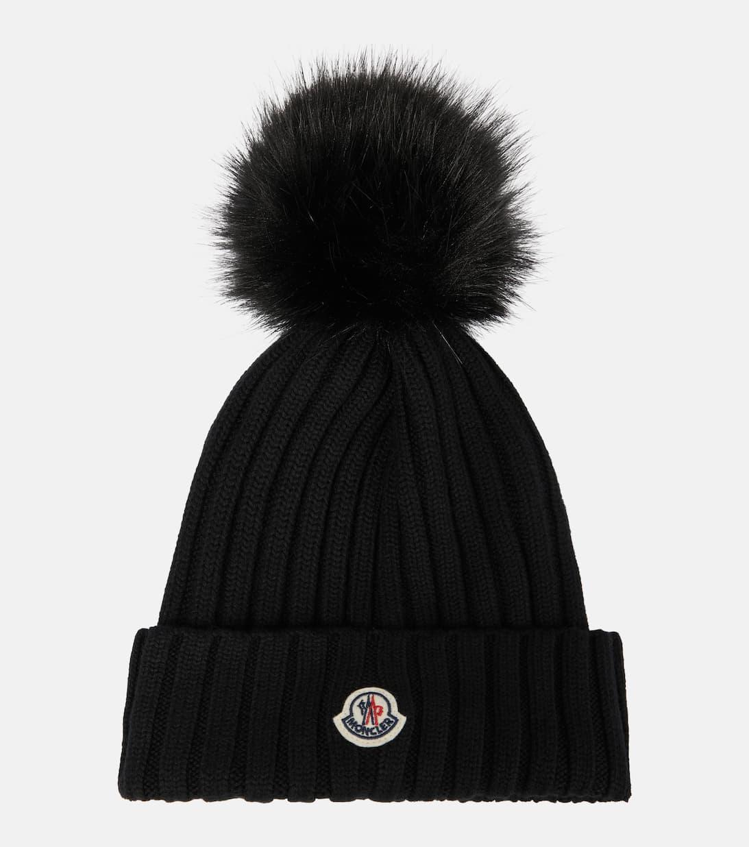 MONCLER Ribbed Knit Wool Beanie With Faux Fur Pom-pom In Black