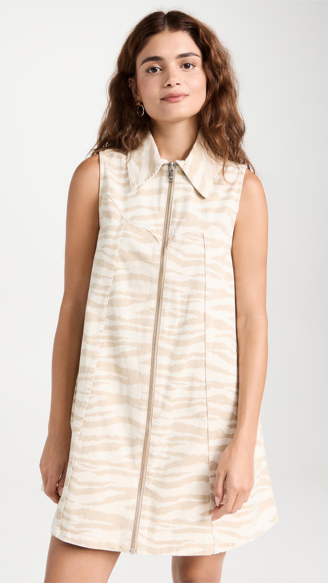 GANNI Zebra Print Denim Trapeze Shirtdress In Pale Khaki