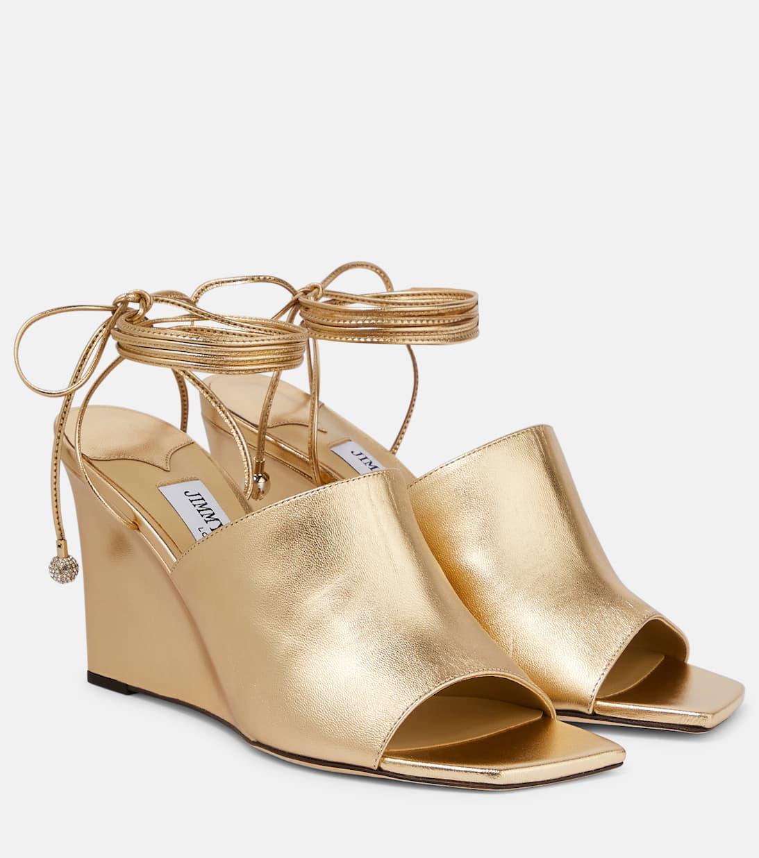 JIMMY CHOO Elyna 85 Wedge Sandals In Metallic Nappa Leather In Gold