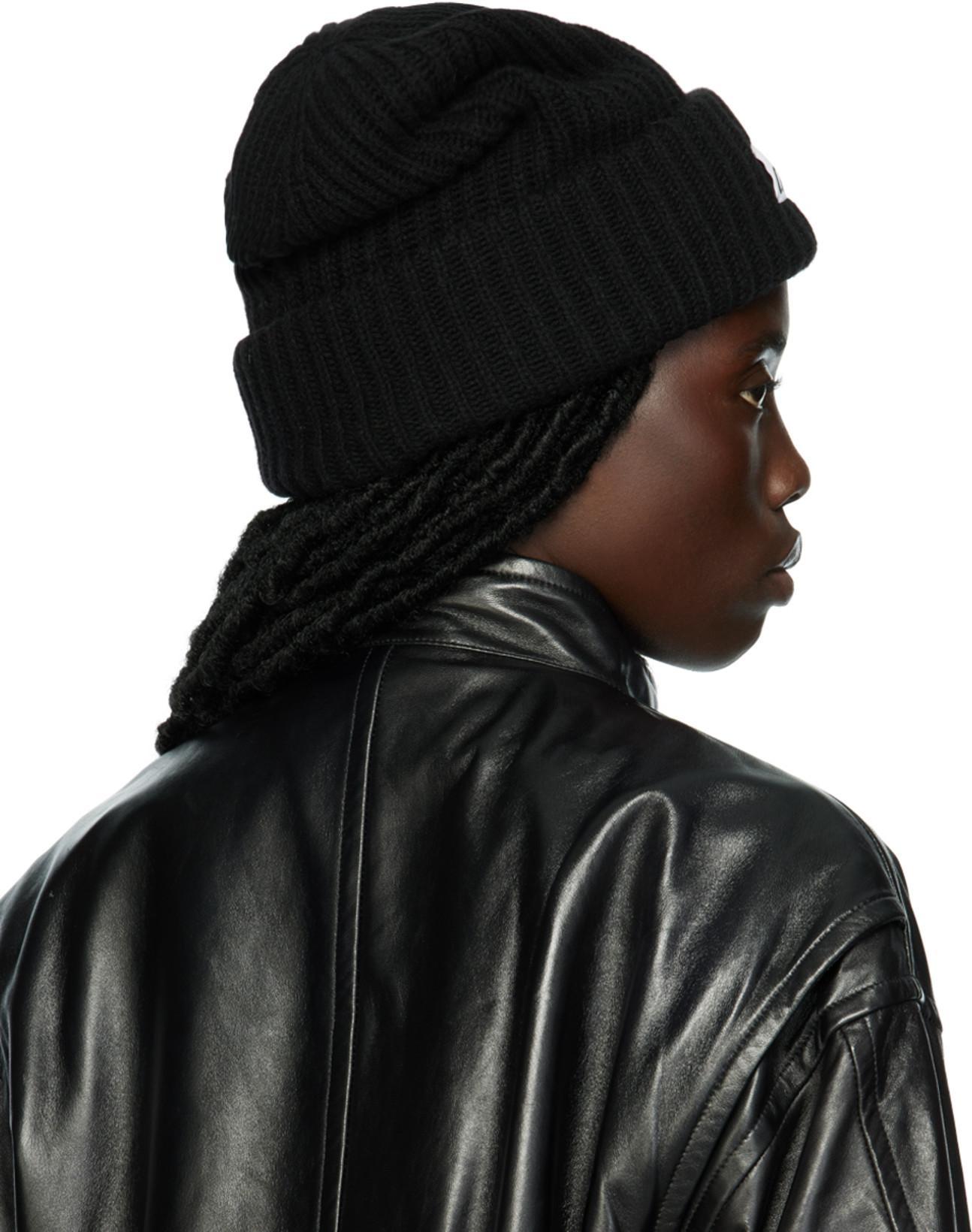 GANNI Womens Black Logo-patch Wool-blend Beanie Hat