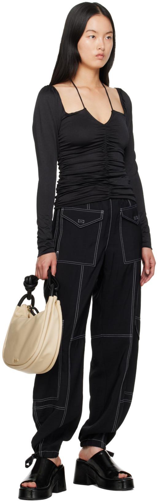 GANNI Black Blouse With Criss-cross Straps And Long Sleeves In Recycled Fabric Woman