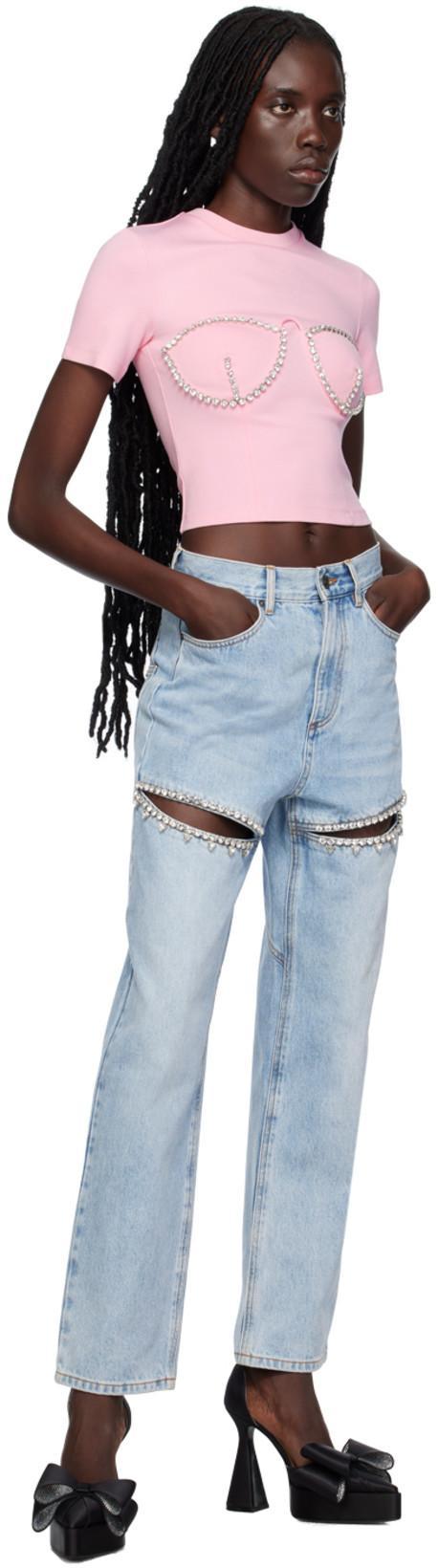 AREA Crystal Slit Jeans In Light Blue