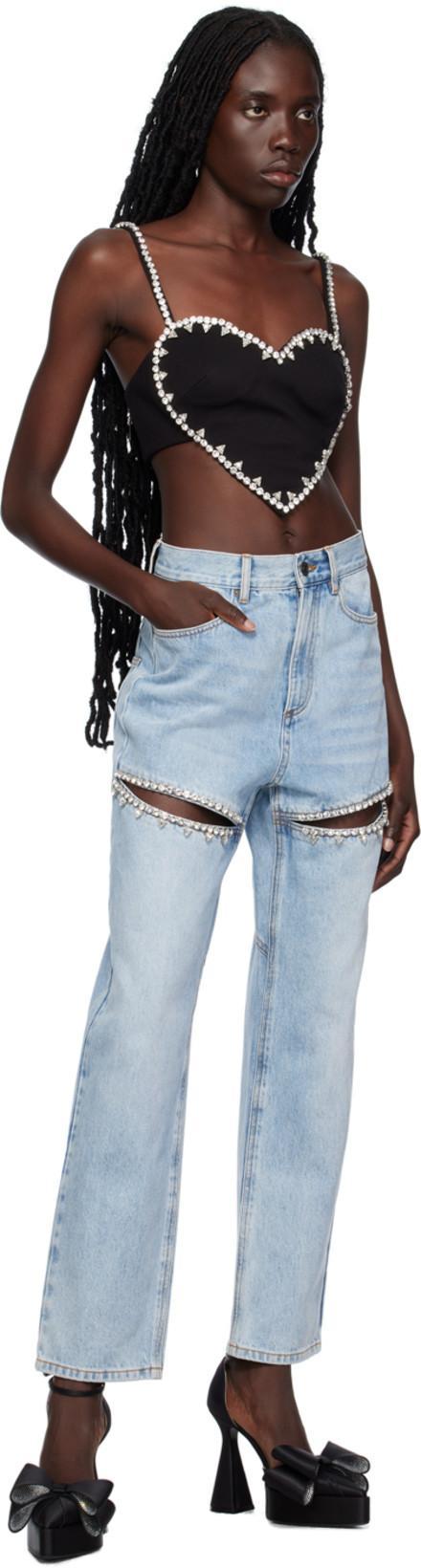 AREA Crystal Slit Jeans In Light Blue