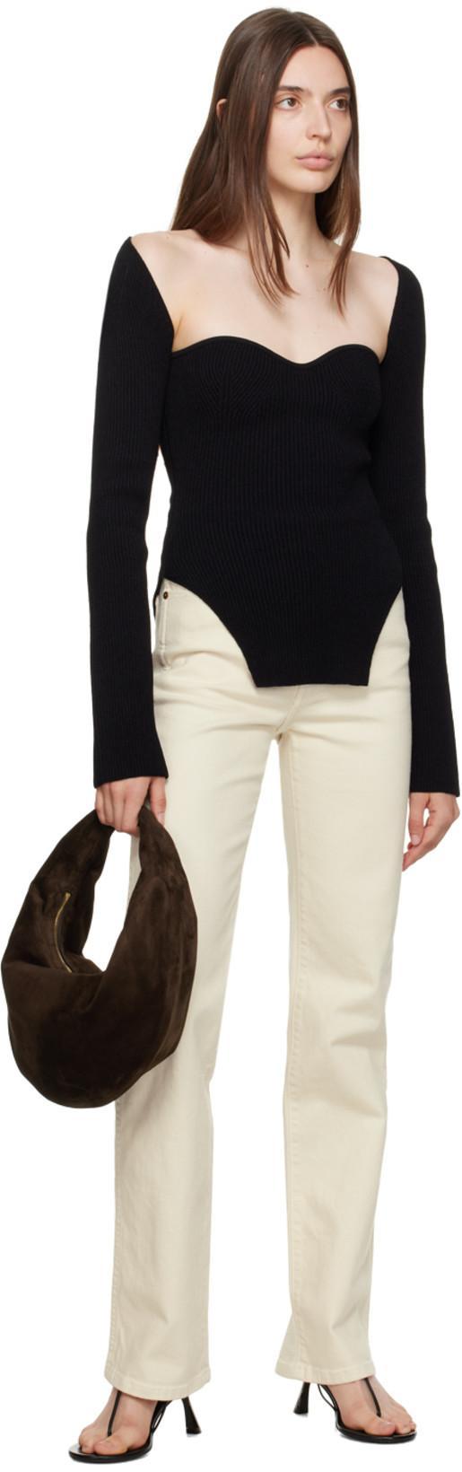 KHAITE Maddy Ribbed Sweetheart Neckline Top In Black