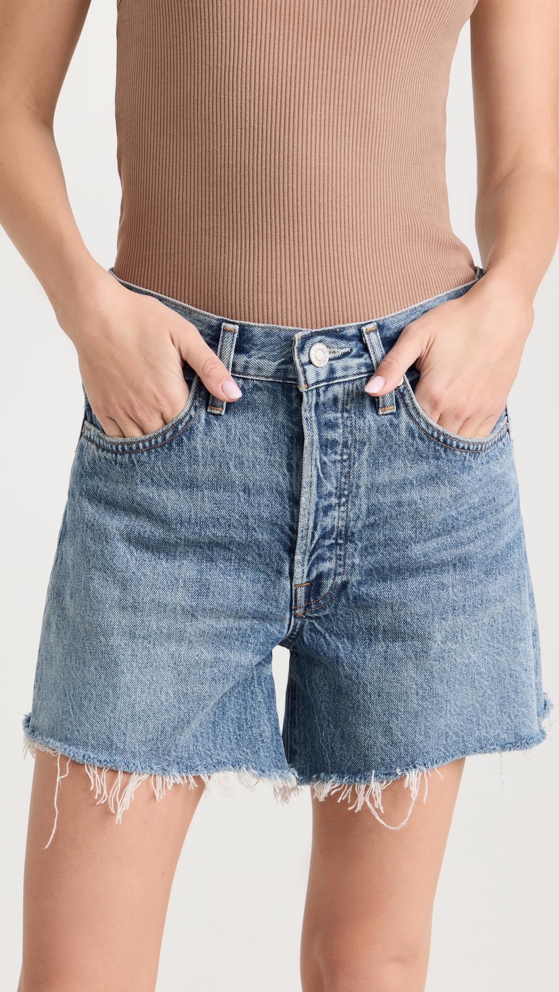 AGOLDE Parker Distressed High Waist Organic Cotton Denim Shorts In Skywave