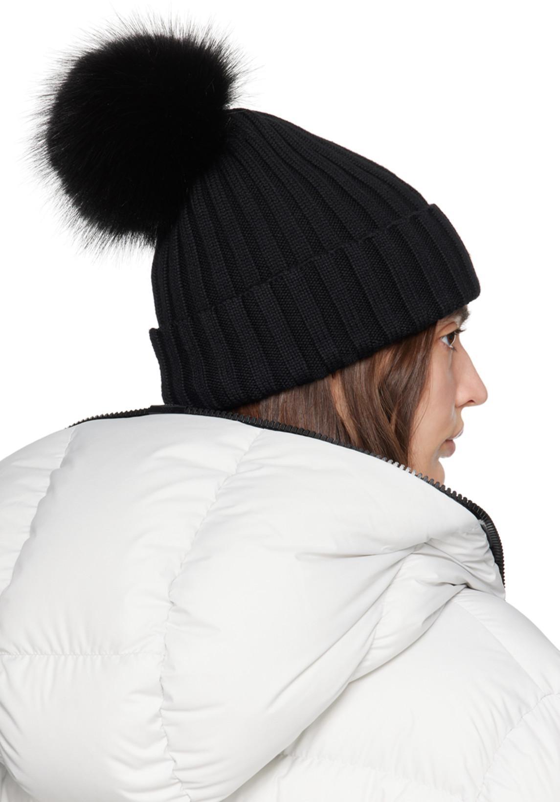 MONCLER Ribbed Knit Wool Beanie With Faux Fur Pom-pom In Black