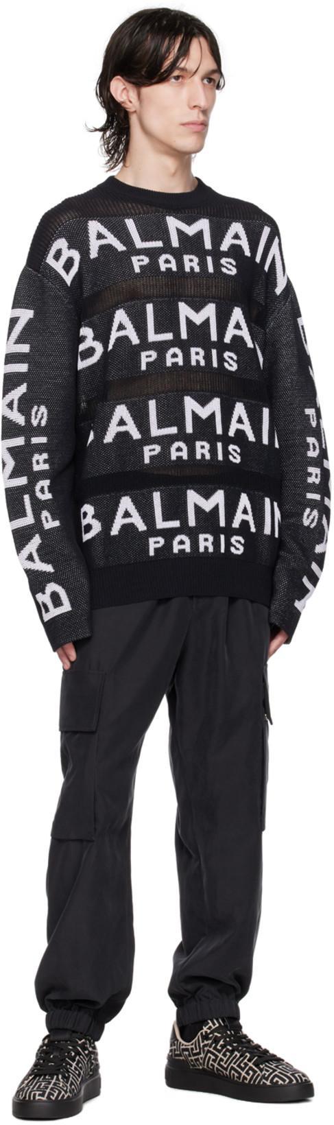 BALMAIN Black Long Sleeve Sweater With Intarsia Logo In Cotton Blend