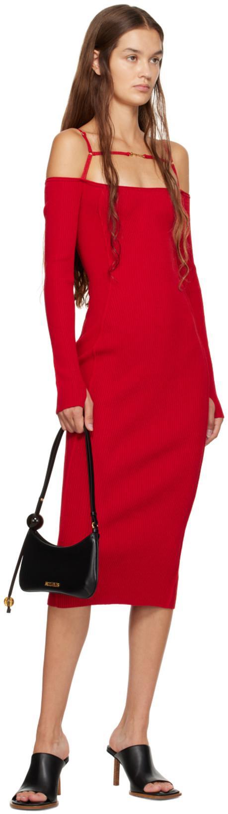 JACQUEMUS La Robe Sierra Cold Shoulder Long Sleeve Rib Cotton Sweater Dress In Red