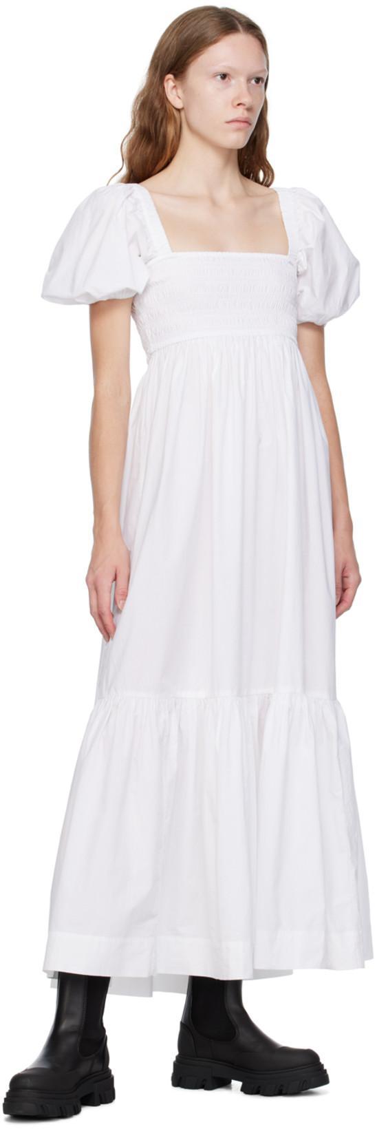 GANNI Smocked Organic Cotton-poplin Midi Dress In Bright White