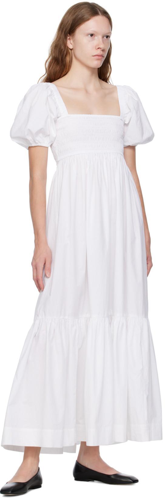 GANNI Smocked Organic Cotton-poplin Midi Dress In Bright White