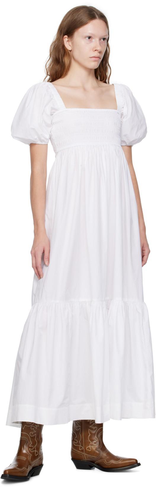 GANNI Smocked Organic Cotton-poplin Midi Dress In Bright White