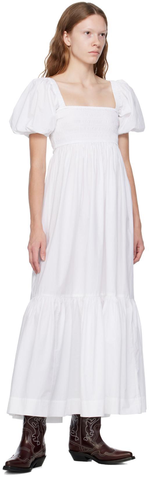 GANNI Smocked Organic Cotton-poplin Midi Dress In Bright White