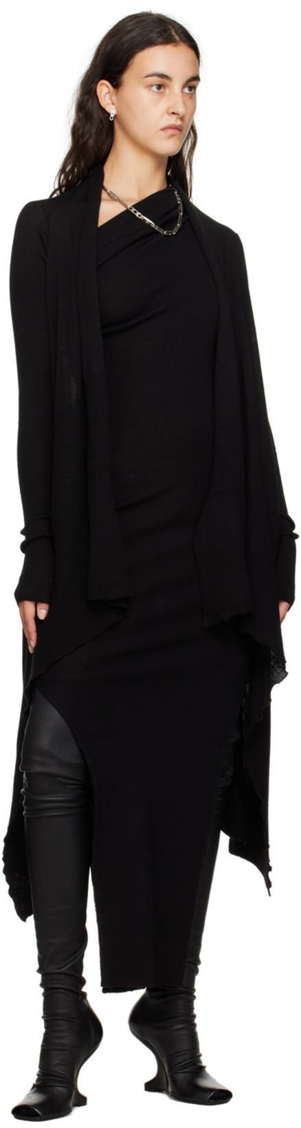 RICK OWENS Athena Long Black Ribbed One Shoulder Dress In Wool