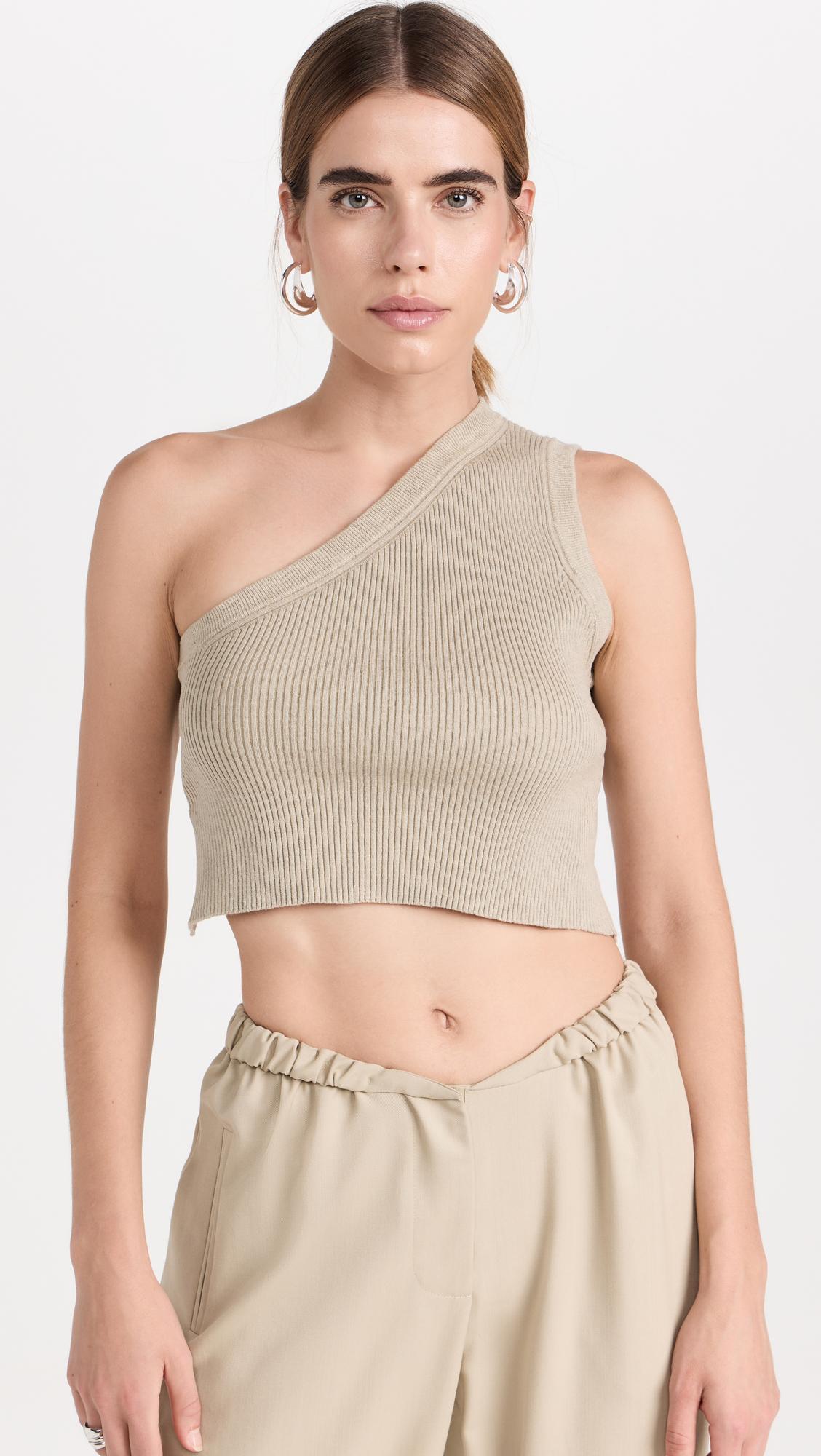JACQUEMUS Ascu Open-back One-shoulder Ribbed Linen-blend Top In 531 Light Khaki 2