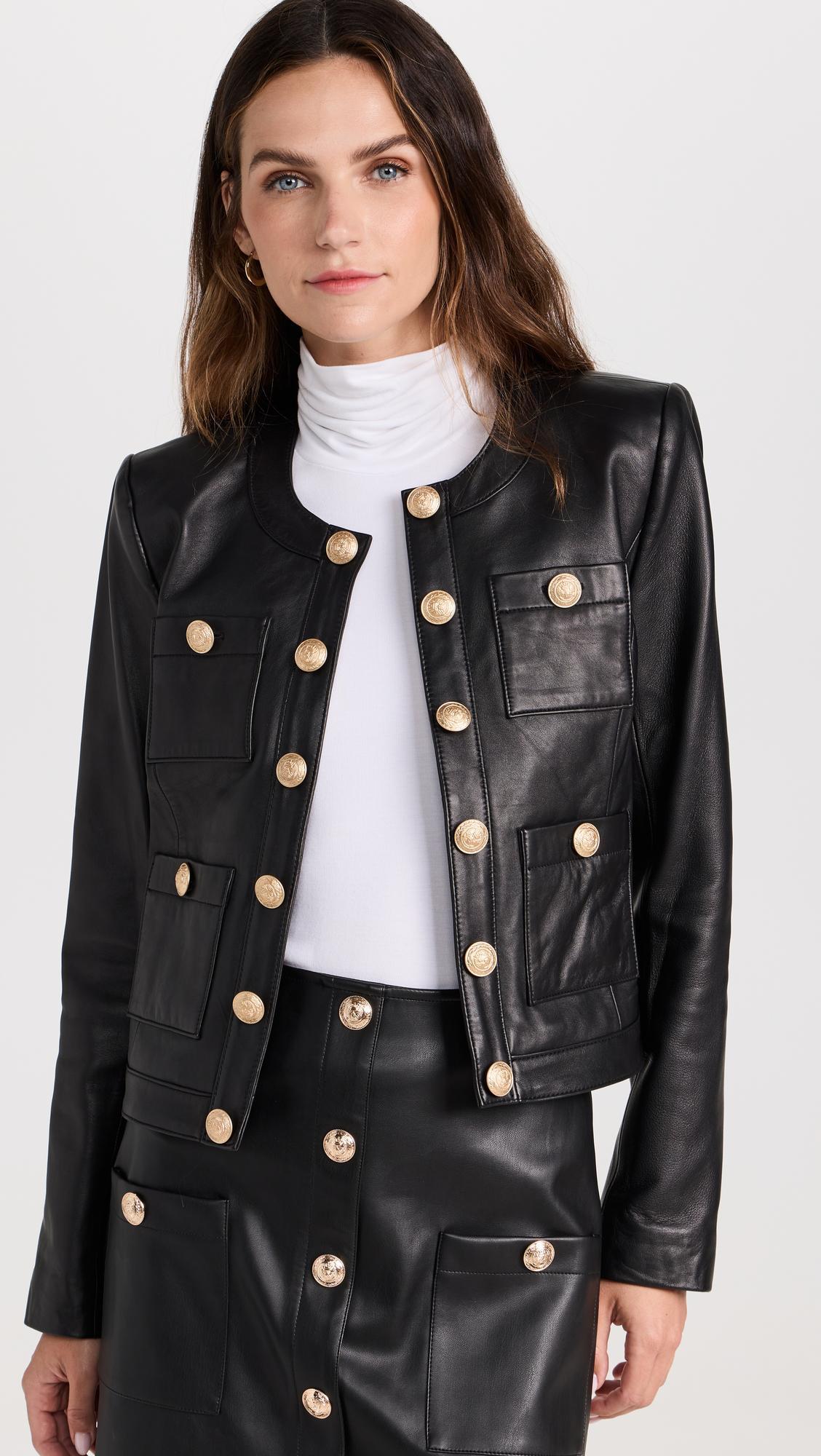 L'AGENCE Jayde Collarless Leather Jacket In Black