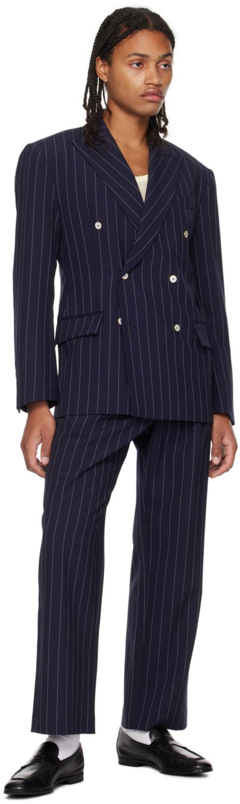 LATE CHECKOUT Navy Pinstripe Trousers In Blue