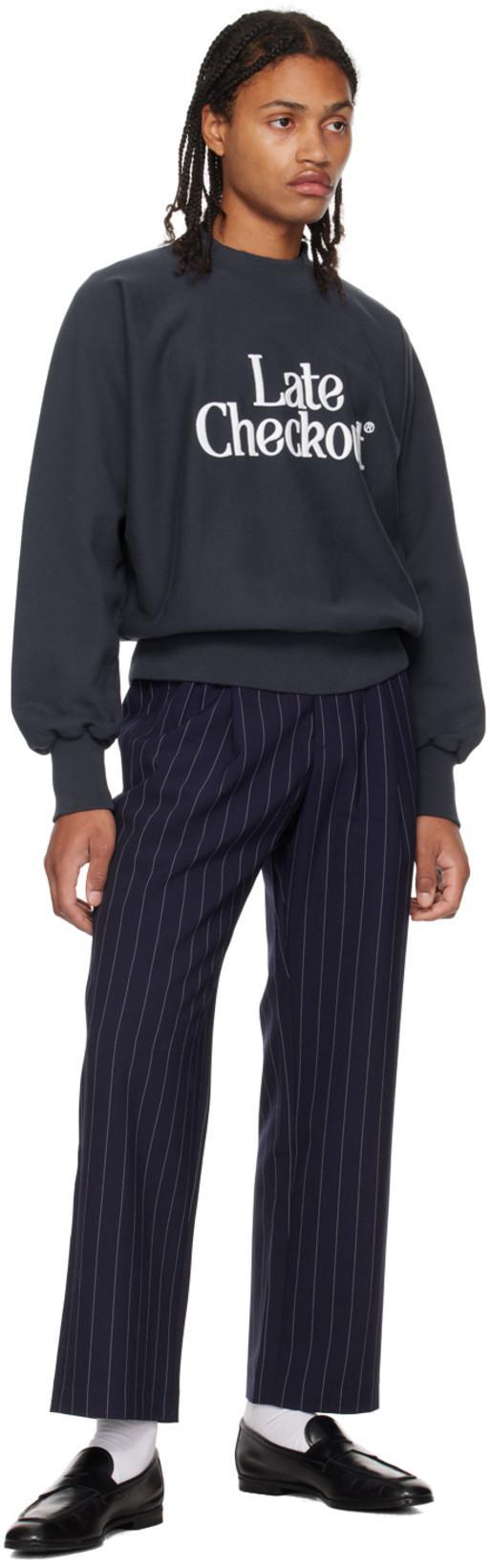 LATE CHECKOUT Navy Pinstripe Trousers In Blue