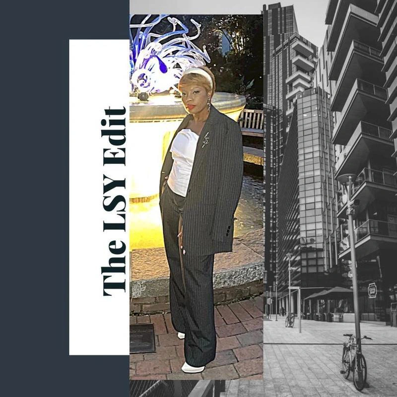 The LSY Edit: Powersuit (Gray Pin Stripe)  | Wearing: Alexis Bittar Crumpled Gold Small Post Earrings In Silver; Hyein Seo Overstitch Detail Front Zip Tube Top In White; Elleme Gray Pinstripe Blazer In Grey Lilac