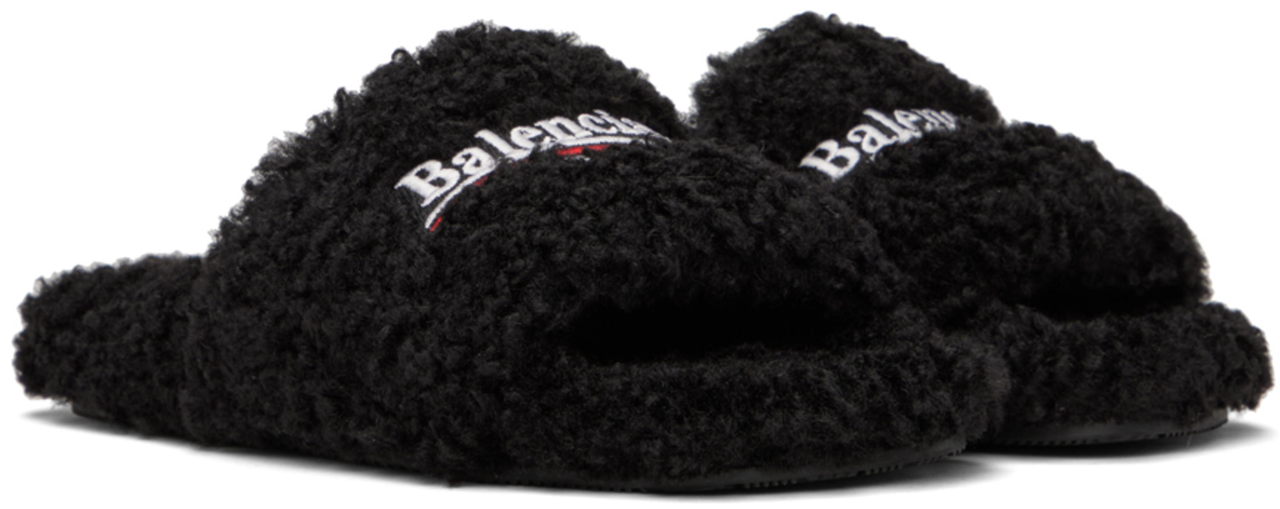 BALENCIAGA Furry Logo-embroidered Faux Shearling Slides In Black