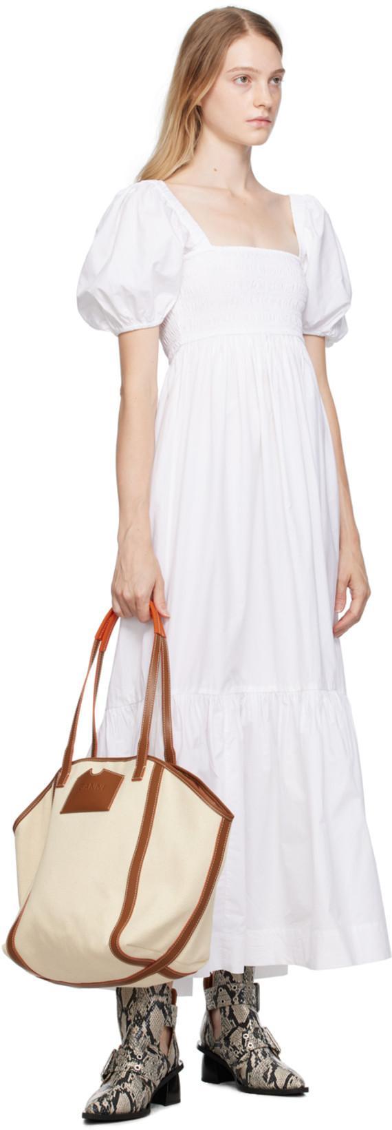 GANNI Smocked Organic Cotton-poplin Midi Dress In Bright White