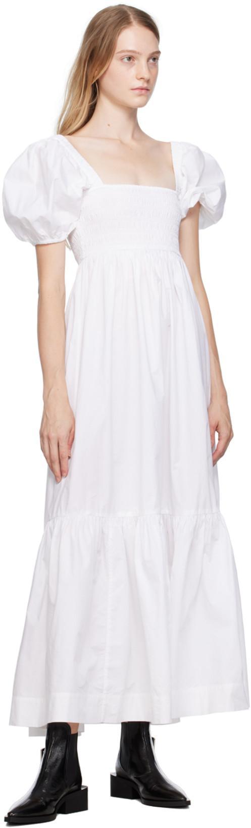 GANNI Smocked Organic Cotton-poplin Midi Dress In Bright White