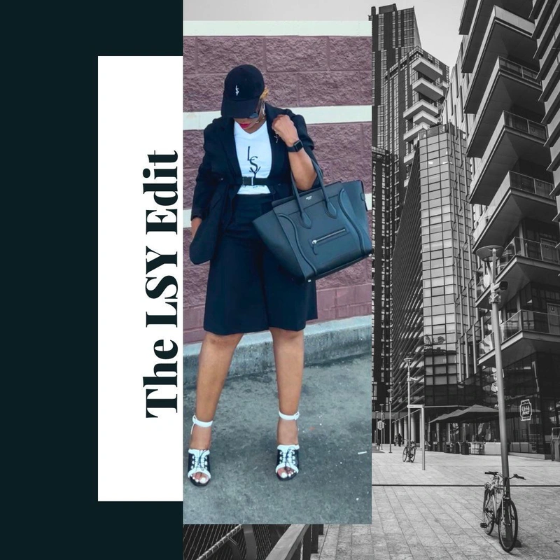 The LSY Edit: The Luxe Baseball Cap | Wearing: Saint Laurent Basic White T-shirt With Miiddle Logo Print In Cotton Woman; Totême Loreo Oversized Double-breasted Woven Blazer In Black; Totême Wool-blend Paper-bag Bermuda Shorts In Black