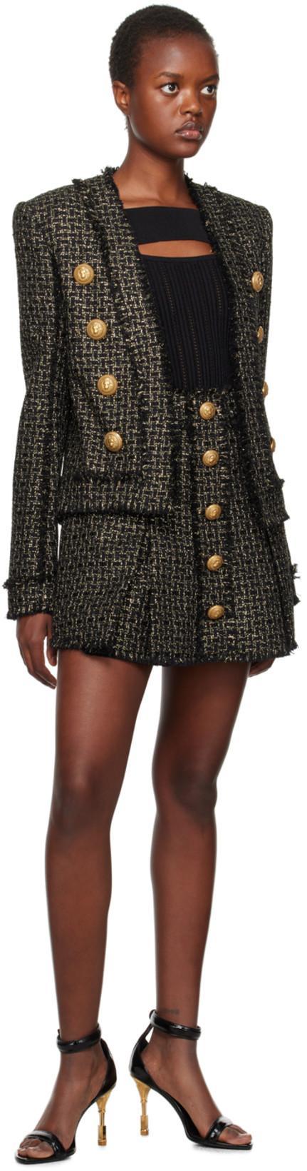 BALMAIN Button-embellished Pleated Metallic Tweed Mini Skirt In Black