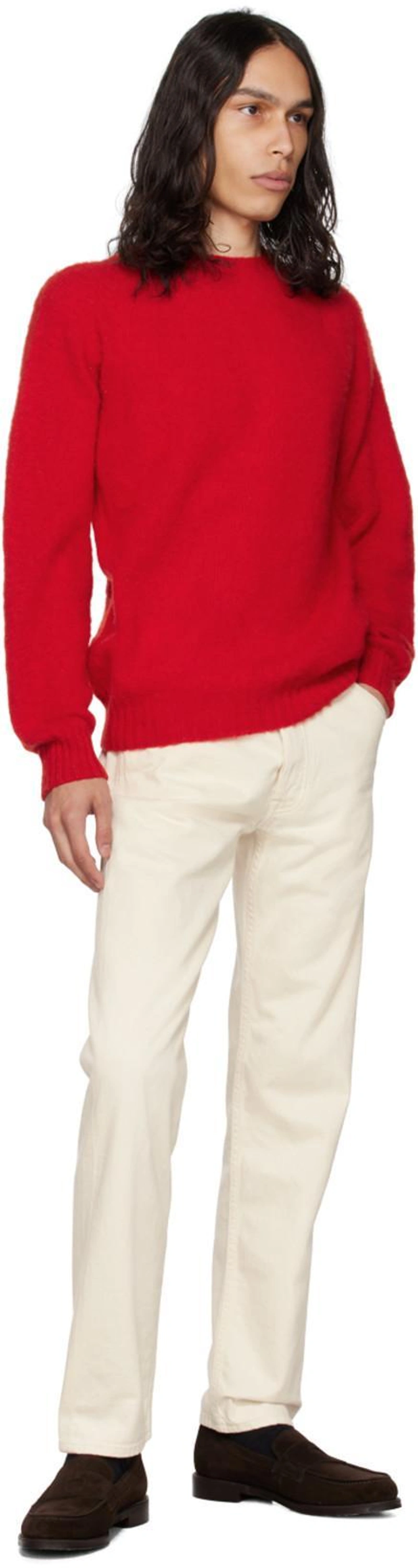 SSENSE's Post | 搭配: Drake's Red Brushed Sweater In 700 Red；Drake's Off-white Five-pocket Jeans In 050 Ecru；Drake's Brown Charles Loafers In 300 Dark Brown