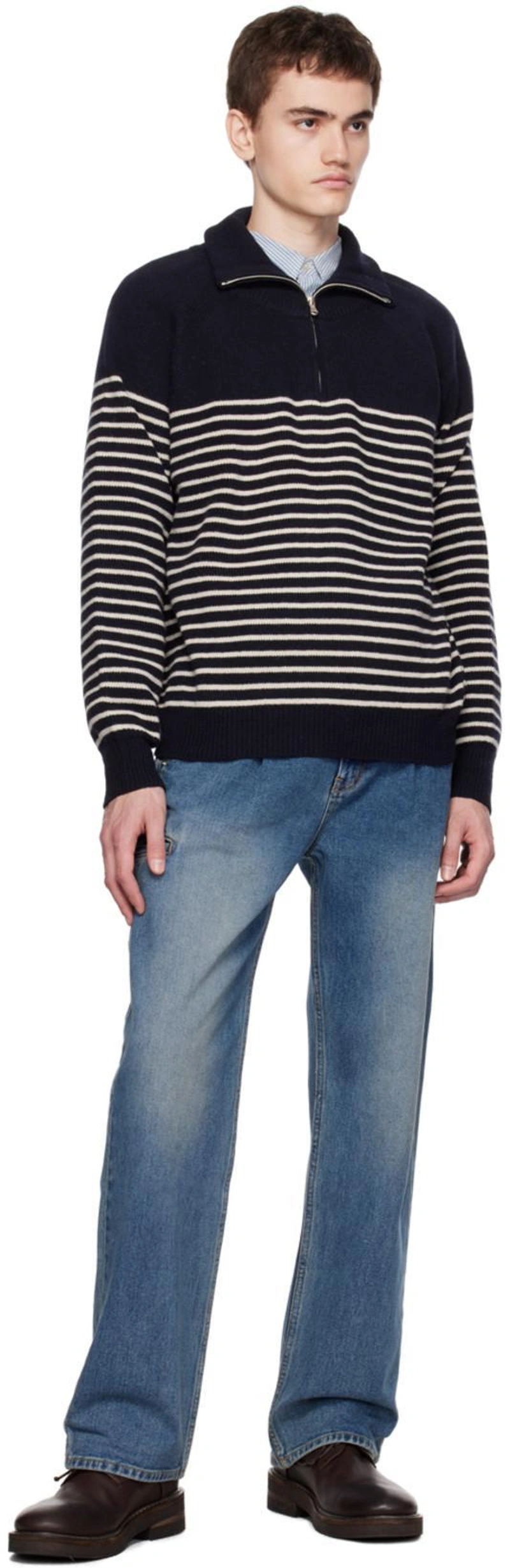 SSENSE's Post | 搭配: Dunst Knit Polo Neck Sweater In French Navy；Marsèll Brown Parrucca Boots In Dark Brown