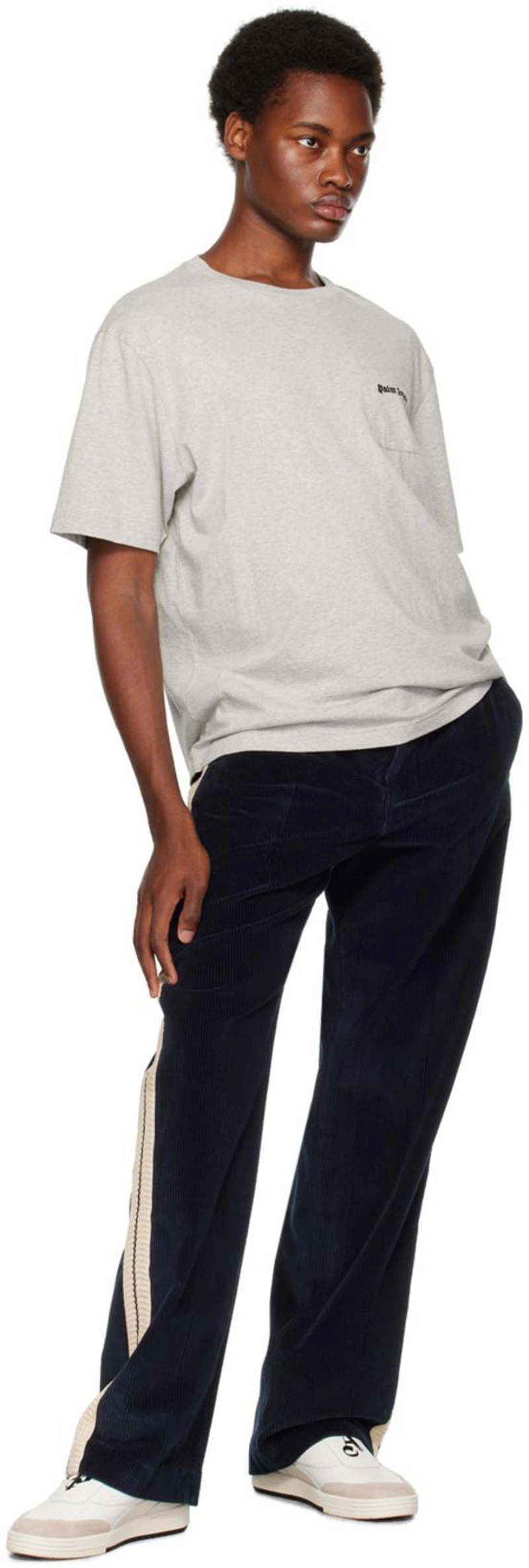 SSENSE's Post | 搭配: Palm Angels Navy Four-pocket Trousers In Navy Blue Off；Palm Angels Gray Embroidered T-shirt In Tee Melange Gr