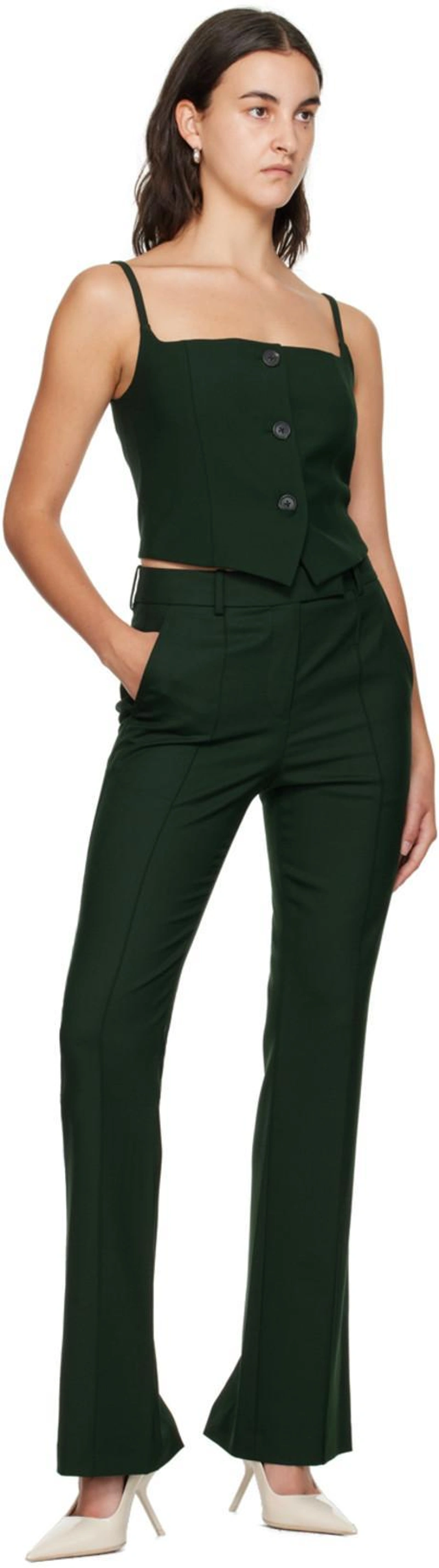 SSENSE's Post | 搭配: Helmut Lang Square-neck Blazer Top In Evergreen - F5p；Helmut Lang Stretch-wool Cigarette Pants In Evergreen；Tom Wood Silver Ice Small Hoop Earrings In 925 Silver