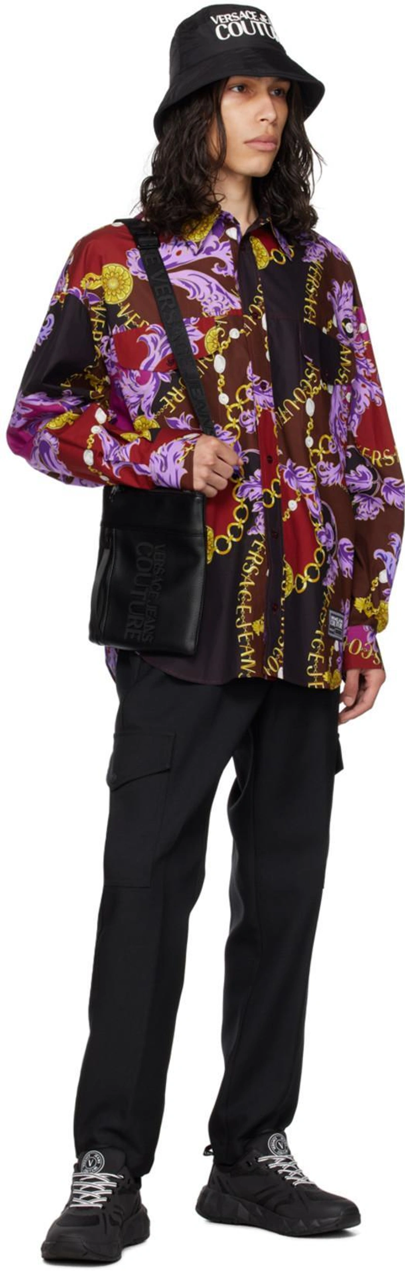 SSENSE's Post | 搭配: Versace Jeans Couture Man Shirt Burgundy Size 42 Cotton In Multi；Versace Jeans Couture Technical Fabric Pants In Black；Versace Jeans Couture Black Grained Bag