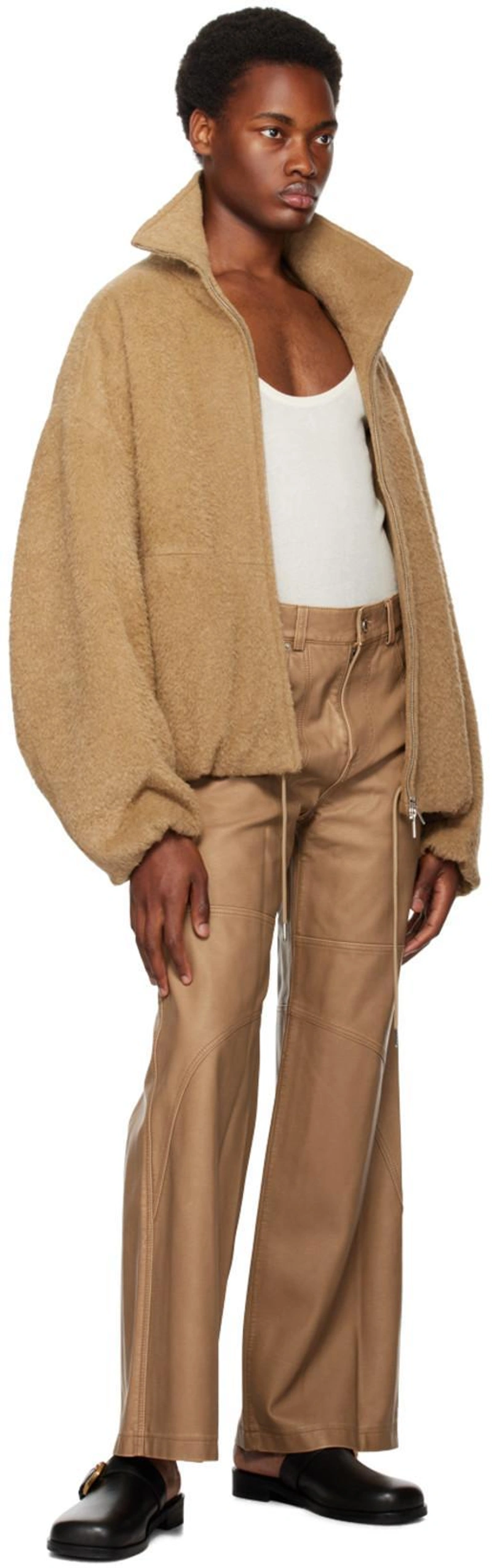 SSENSE's Post | 搭配: Bottega Veneta Slim Fit Cotton Blend Tank Top In White；System Tan Hairy Jacket In Camel；System Black Pin-buckle Loafers