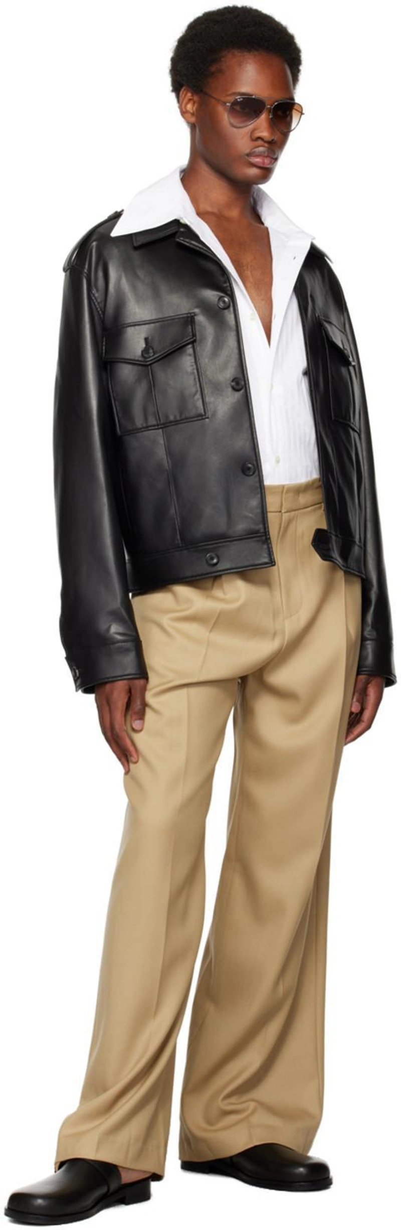 SSENSE's Post | 搭配: System Beige Wide-leg Trousers；Ray Ban Sunglasses Unisex Aviator Reverse - Gunmetal Frame Brown Lenses 62-11；System Black Pin-buckle Loafers