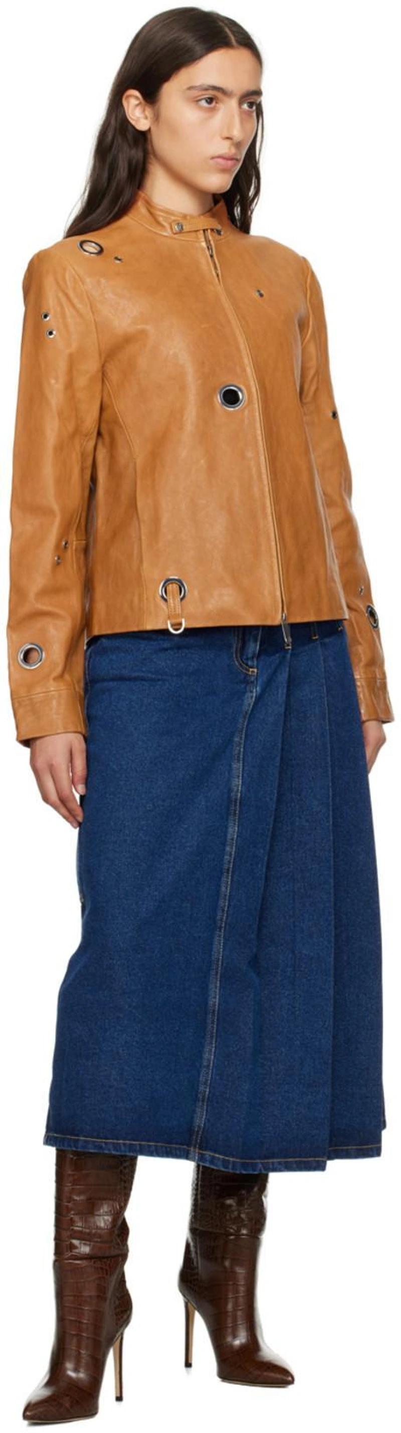 SSENSE's Post | 搭配: Saks Potts Bier Denim Pleated Midi Skirt In Blue；Saks Potts Tan Lauren Leather Jacket In Cognac；Paris Georgia Black Heart Camisole In Black/ White