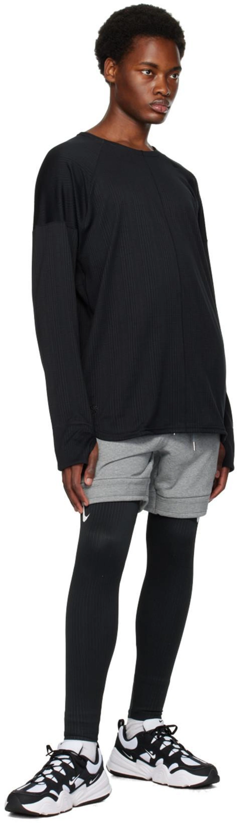 SSENSE's Post | 搭配: Nike Black Dri-fit Adv Leggings In Black/black/black/wh；Nike Black Dri-fit Long Sleeve T-shirt In Black/black；Nike Gray Jordan Flight Shorts In Carbon Heather/black