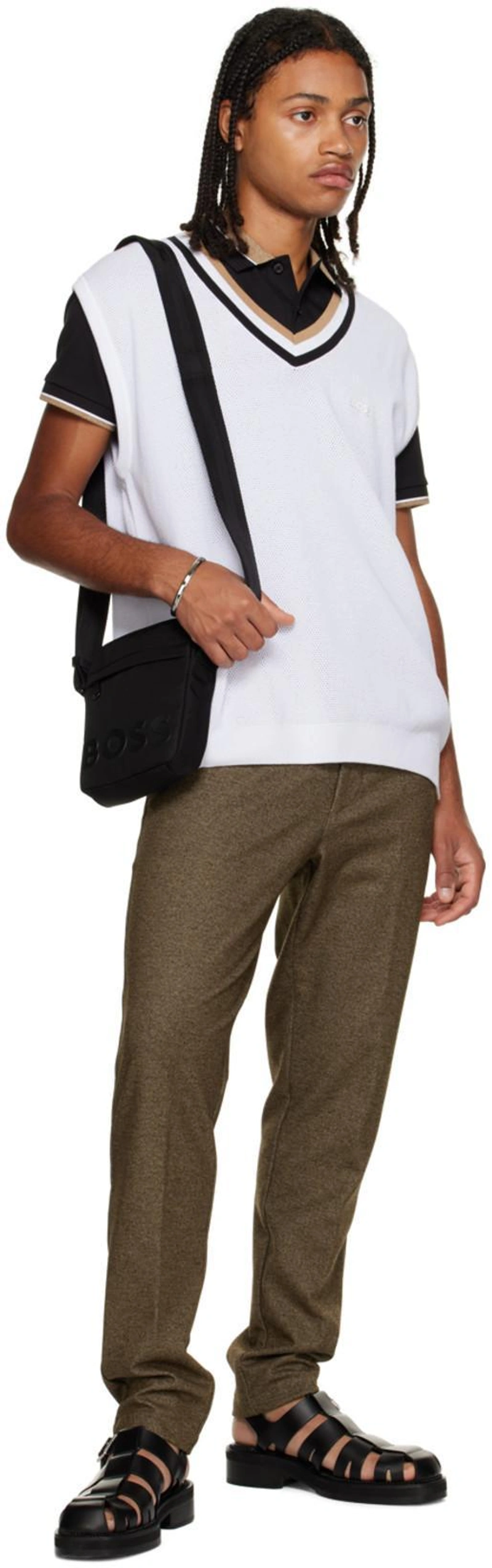 SSENSE's Post | 搭配: Hugo Boss White Stripe Vest；Hugo Boss Black Zip Bag In Black 001；Hugo Boss Silver Logo Cuff Bracelet In Silver 040