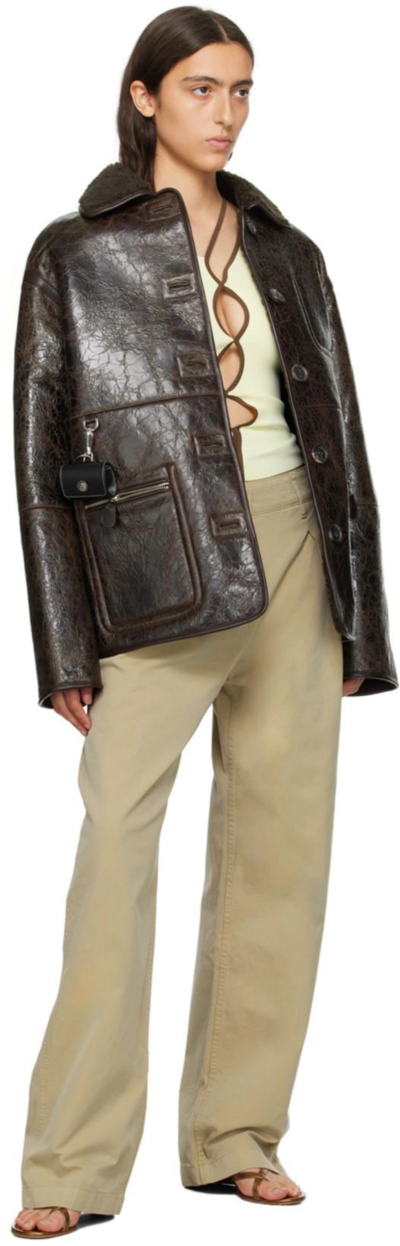 SSENSE's Post | 搭配: Saks Potts Brown Ada Reversible Leather Jacket；Paris Georgia 镂空针织上衣 In Yellow；Manolo Blahnik Bronze Susa Heeled Sandals In 0005 Bronze