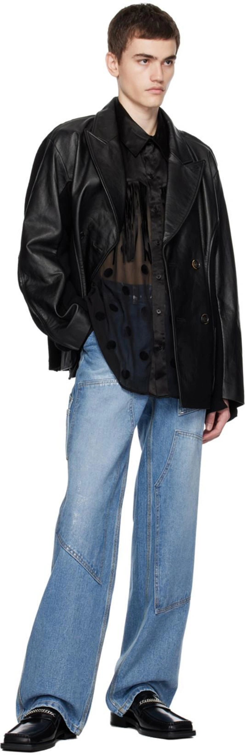 SSENSE's Post | 搭配: Martine Rose Black Fringe Shirt；Andersson Bell Blue Coated Jeans In Blue Blue；Andersson Bell Black Paneled Leather Jacket In Black Black