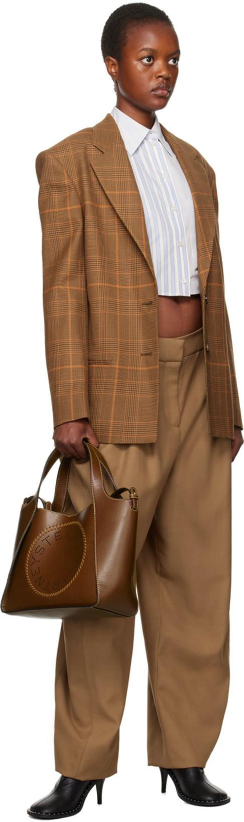 SSENSE's Post | 搭配: Stella Mccartney Tan Wide Leg Trousers In 2302 Tobacco；Stella Mccartney Blue Striped Cropped Shirt In 8485 Multicolor；Stella Mccartney Plaid Scultped Blazer Jacket In Brown