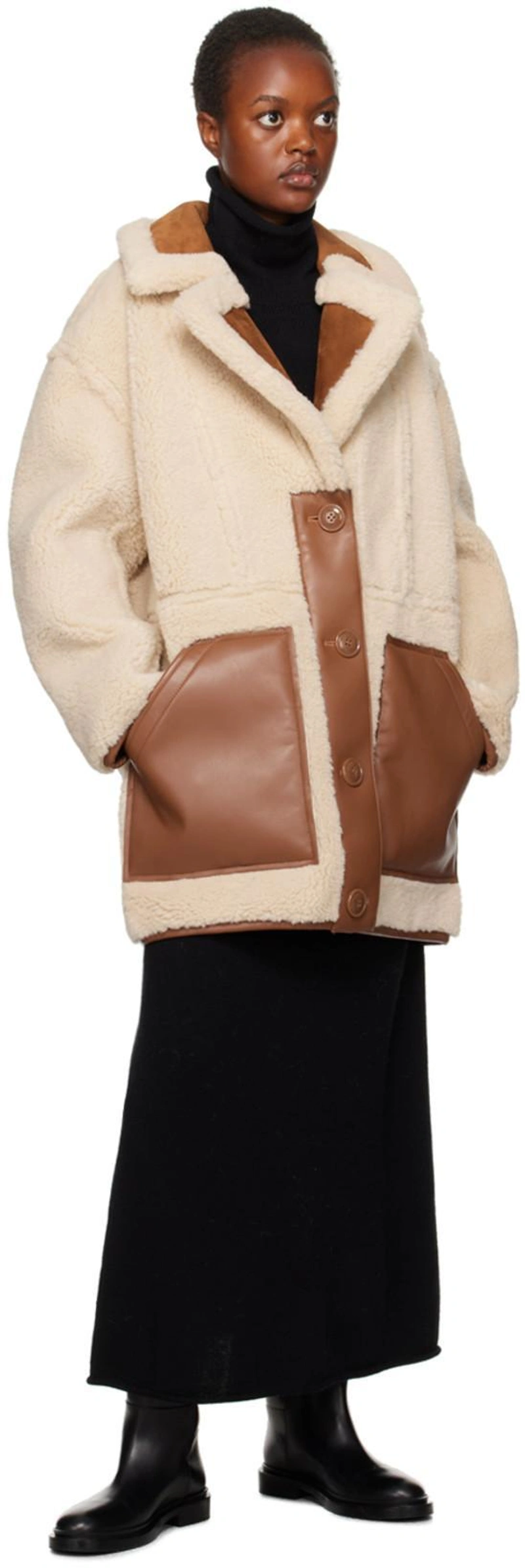 SSENSE's Post | 搭配: Jil Sander Calf-length Leather Boots In Black；Stand Studio Off-white Tory Faux-shearling Jacket In Beige；Loulou Studio Stintino 高领毛衣 In Black