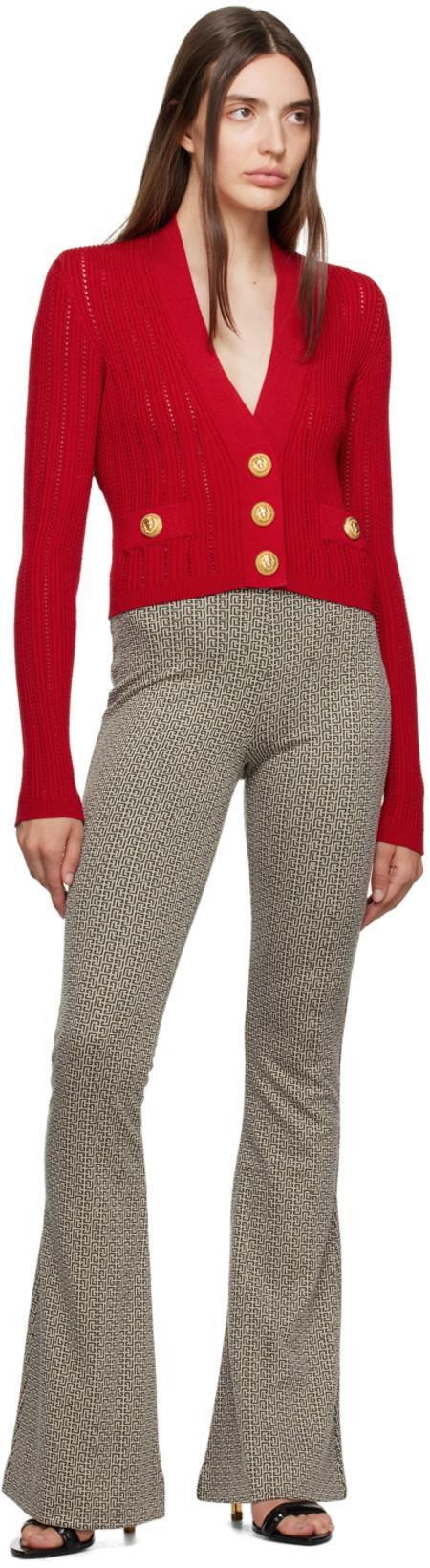 BALMAIN Cropped Button-embellished Ribbed Pointelle-knit Cardigan In Red