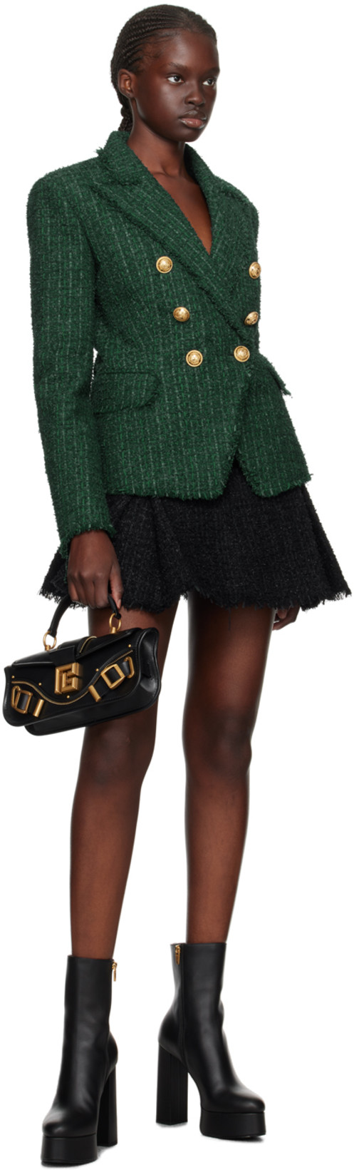 BALMAIN Tweed Double-breasted Blazer Jacket In Green