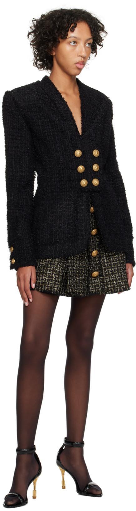BALMAIN Button-embellished Pleated Metallic Tweed Mini Skirt In Black