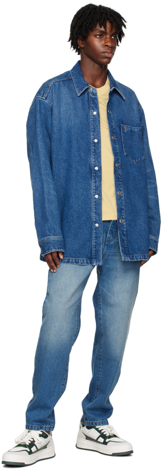 AMI ALEXANDRE MATTIUSSI Ami Straight-leg Denim Jeans With Faded Blue Wash And Leather Accent