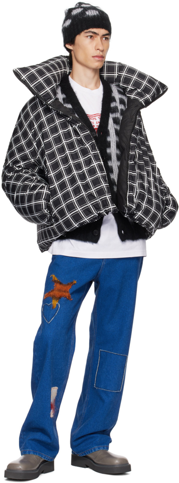 MARNI Cropped Puffer Jacket With High Collar And Grid Check Pattern In Multi