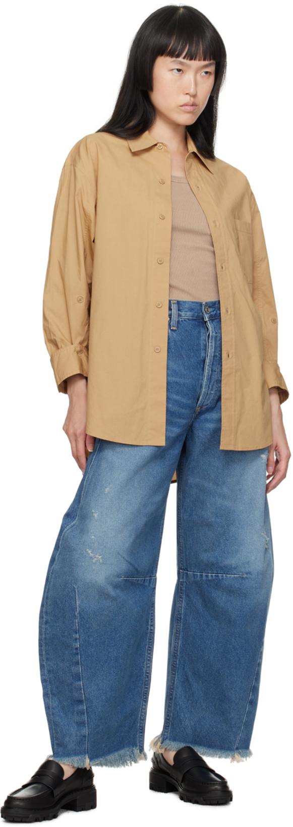 CITIZEN OF HUMANITY Horseshoe Distressed Mid-rise Barrel-leg Jeans In Blue