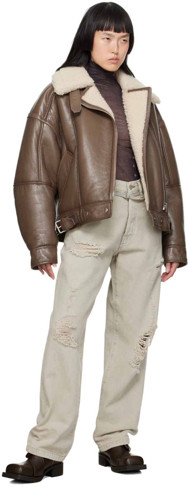 ACNE STUDIOS Lakota Shearling-trimmed Leather Biker Jacket In Brown Light Camel