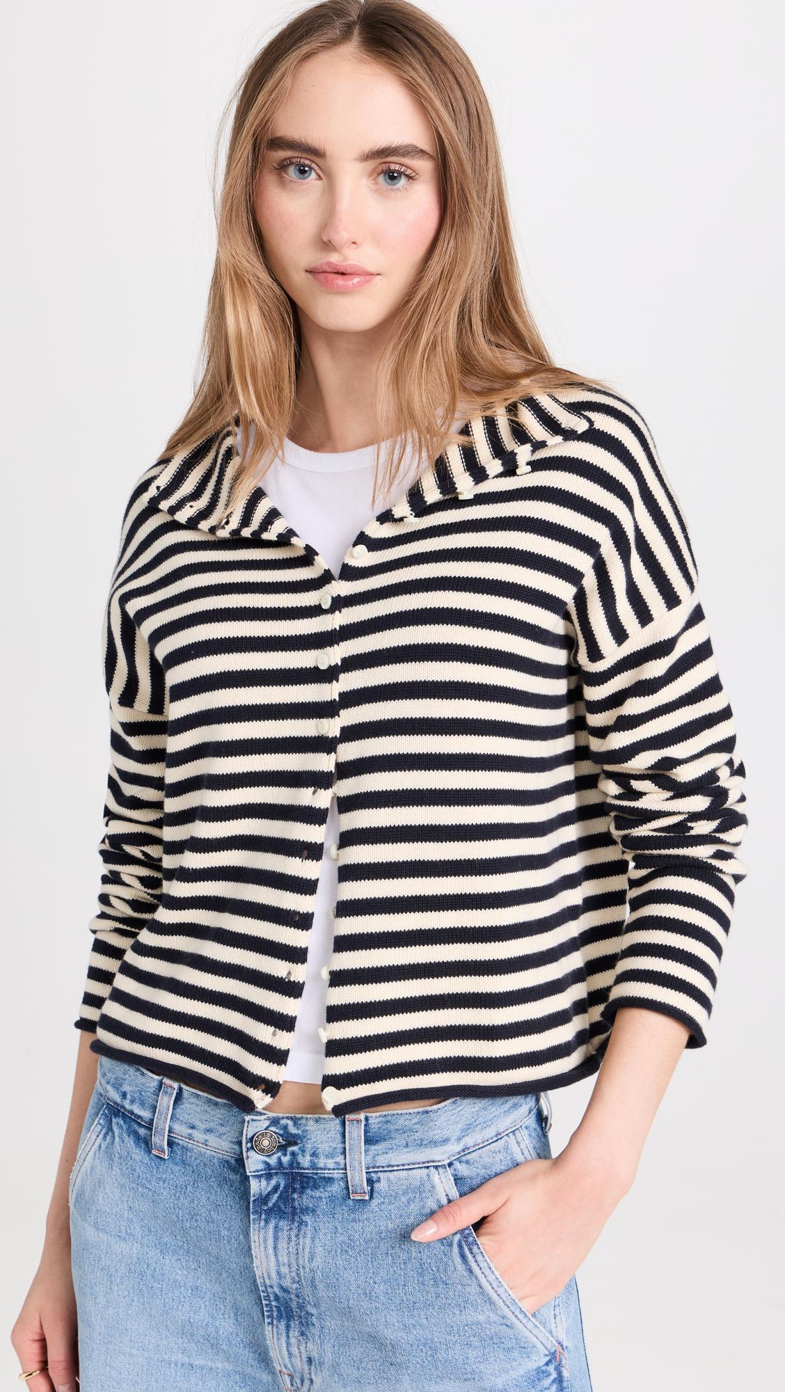 ALEX MILL Taylor Striped Cardigan In Cotton Cashmere In Navy/ivory